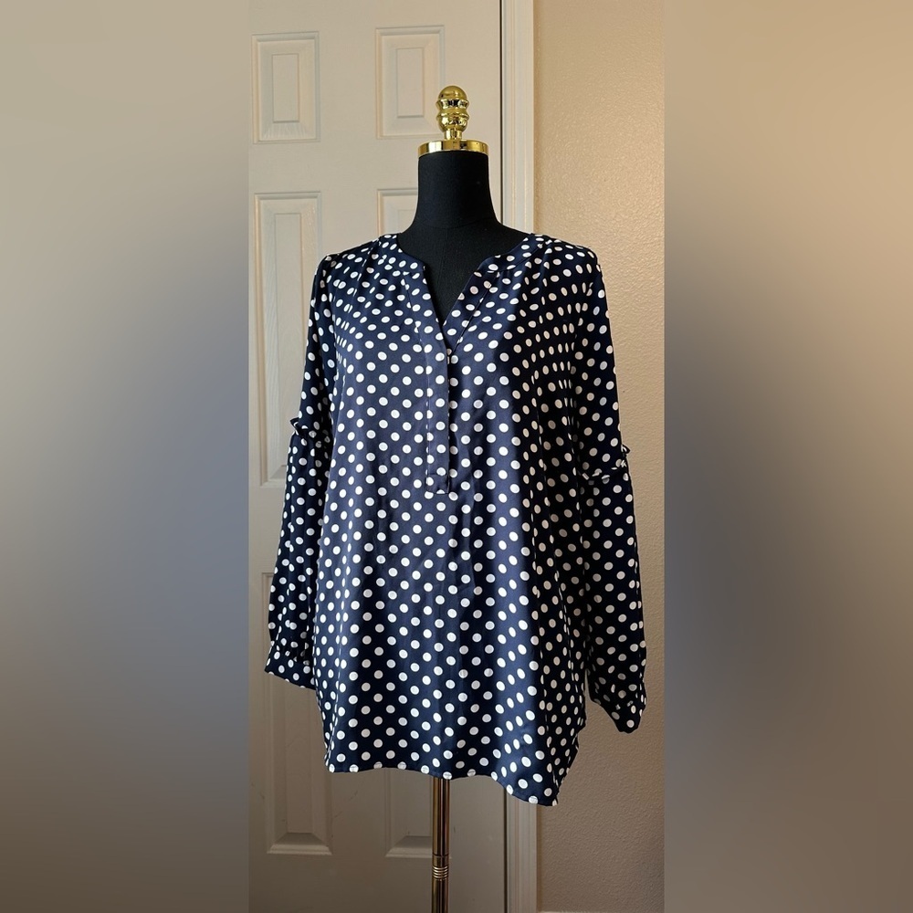 Talbots Women’s 1X Petite Navy Polka Dot Tunic Top Long Sleeve 100% Polyester